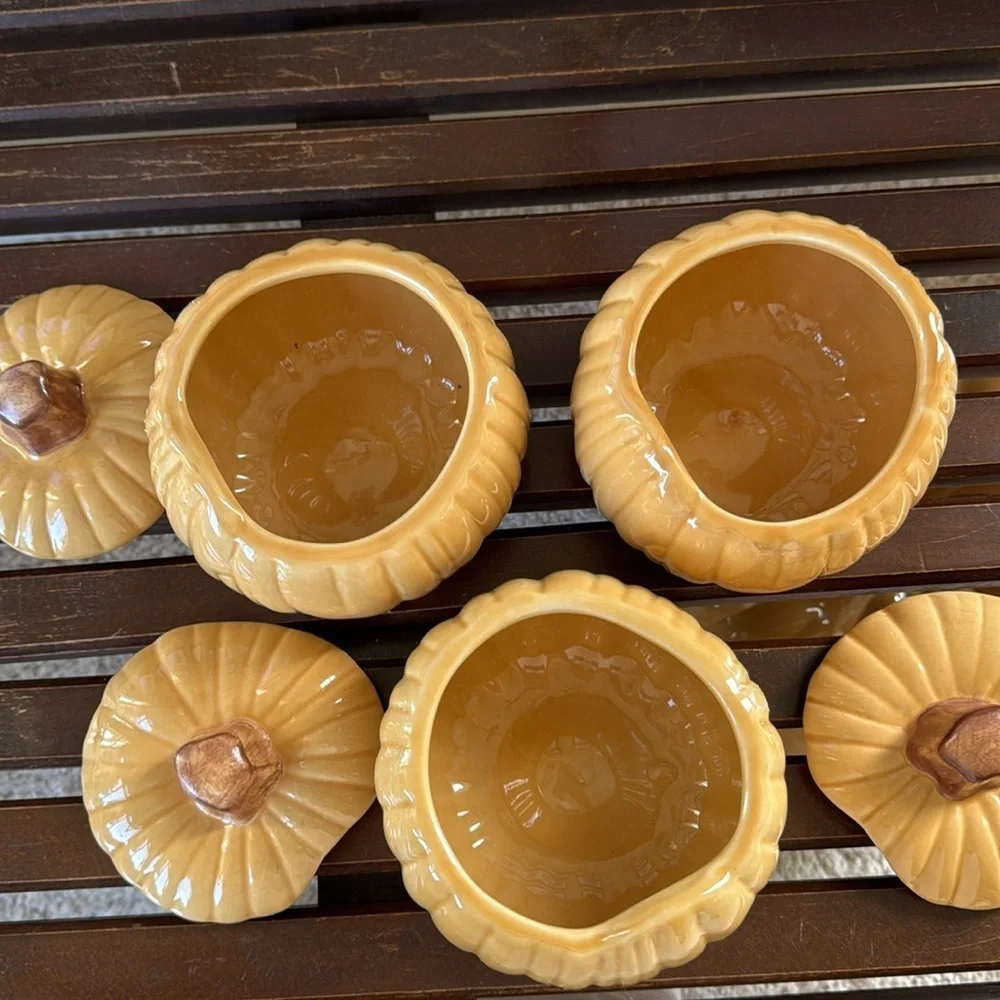 3 Williams Sonoma‎ Ceramic Pumpkin Bowls Jars with Lids Autumn Fall Decorations